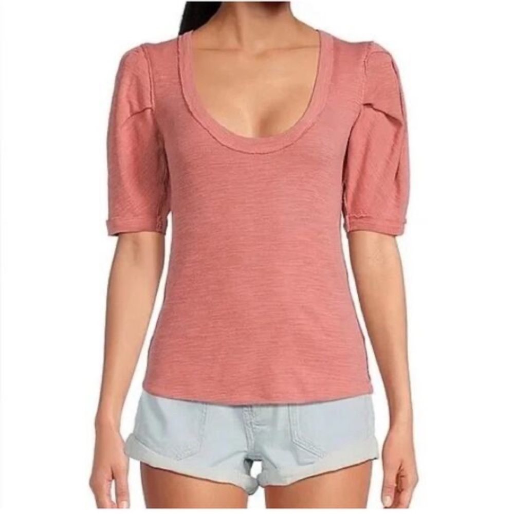 FREE PEOPLE Papaya Puff Sleeve Scoop Neck Top Large